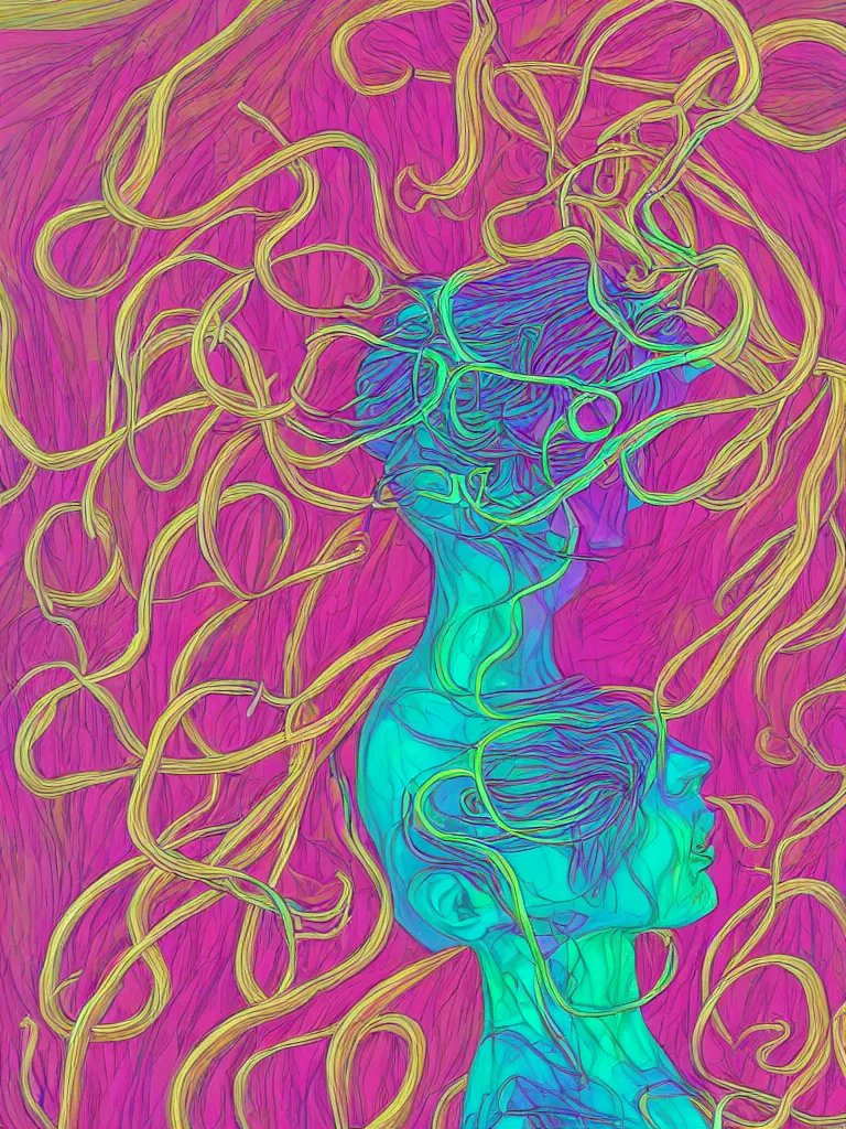 Image similar to a person with thought tendrils emanating from their head, digital art, chromatic