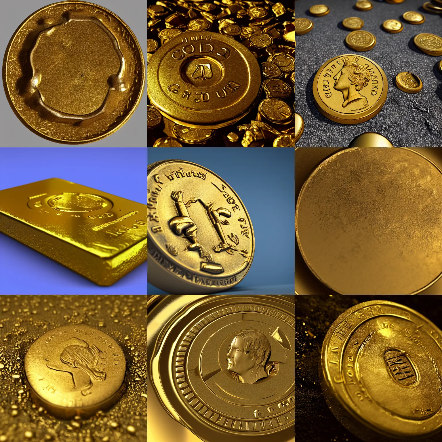 Prompt: A gold coin found buried with other treasure, 4K render, ultra-high resolution