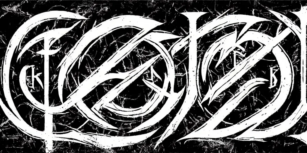 Image similar to masterpiece, symmetrical darkthrone logo calligraphy by thomas bokler, behance, white letters on black background