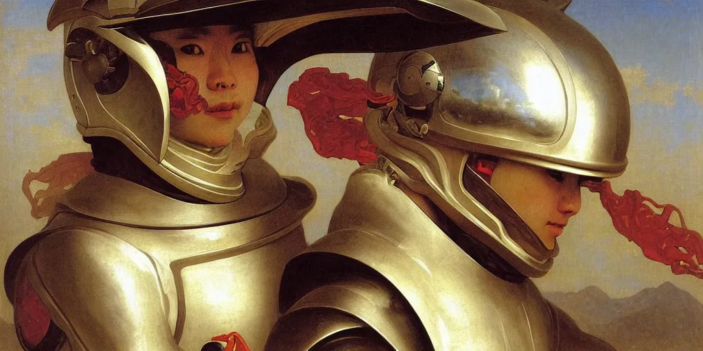 Image similar to portrait of a astronaut is a chinese dragon in armor and helmet, majestic, solemn, by bouguereau