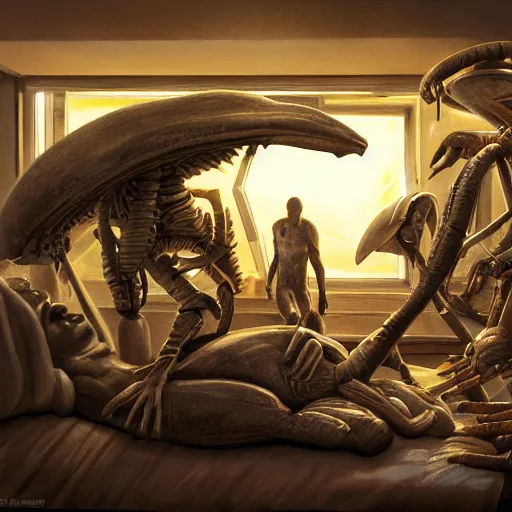 Image similar to primitive aliens caring for injured human at bedside, cinematic, worm's eye view, dramatic lighting, illustration, ron cobb, mike mignogna, science fiction, detailed painting, high detail, rough paper