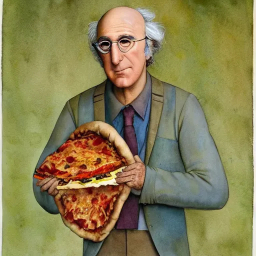 Prompt: realistic portrait of larry david in a pizza costume, detailed art by maxfield parrish and jessie willcox smith, illustration style, watercolor