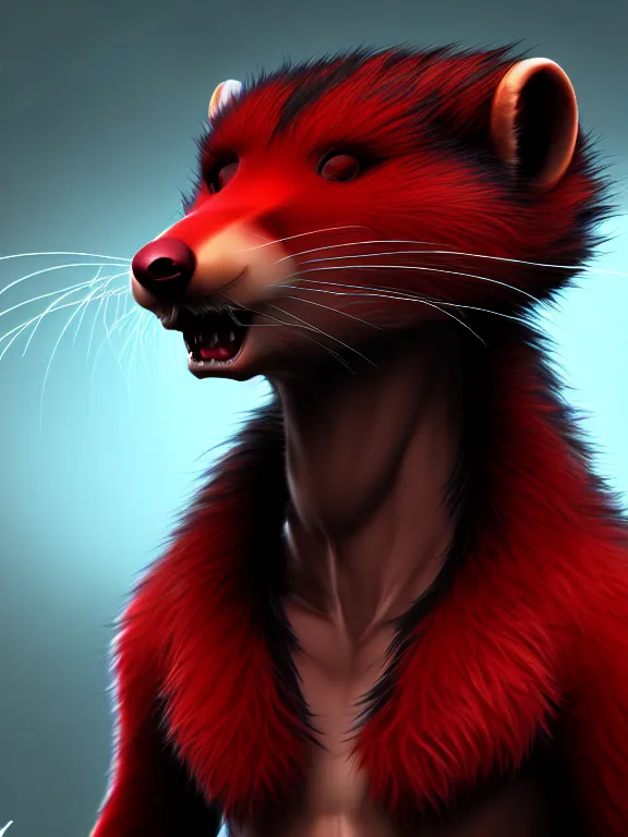 Image similar to furry - male - red - black - weasel - chaos theorist - fursona uhd ue 5 visual novel pc game expressions, photorealistic, trending on weasyl