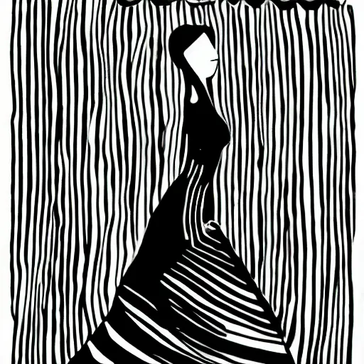 Image similar to a black and white line drawing of the silhouette of a woman with long curly hair using a dress