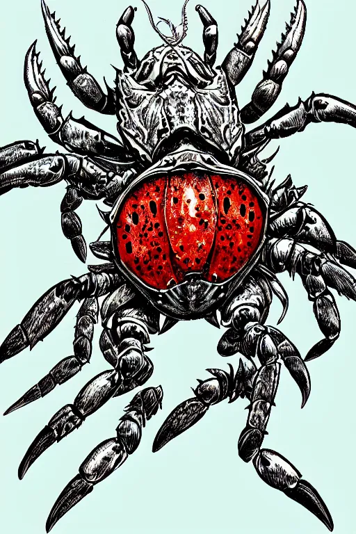 Image similar to crab humanoid heavily armoured, symmetrical, highly detailed, digital art, needles, hermit crab, chitin, sharp focus, trending on art station, kentaro miura manga art style