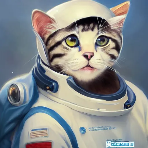 Image similar to head and shoulders masterpiece portrait of a cute adorable cat wearing a spacesuit, surreal background, digital art by krenz cushart, trending on artstation, cgsociety,