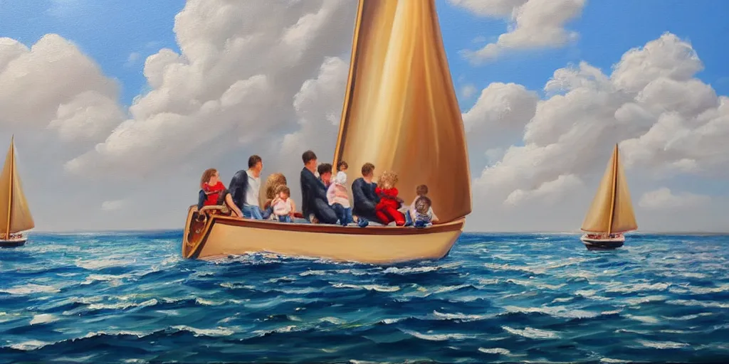 Prompt: oil painting of a family sailing on a very big luxurious sailboat in the Netherlands, happy