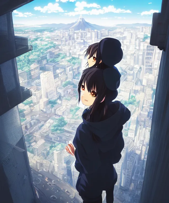 Image similar to anime visual, portrait of a young black haired girl wearing hoodie sightseeing above the city, guardrail, cute face by yoh yoshinari, katsura masakazu, dramatic lighting, dynamic pose, dynamic perspective, strong silhouette, ilya kuvshinov, anime cels, 1 8 mm lens, fstop of 8, rounded eyes, moody, detailed facial features