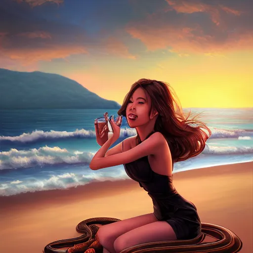 Prompt: portrait of beautiful woman on the beach, brown eyes, vomiting snakes, sunset, highly detailed, by wlop, rossdraws, artgerm.