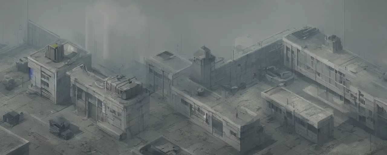 Prompt: isometric abandoned research facility, digital art, smog, pollution, toxic waste, chimneys and railroads, 3 d render, octane render, volumetrics, by greg rutkowski