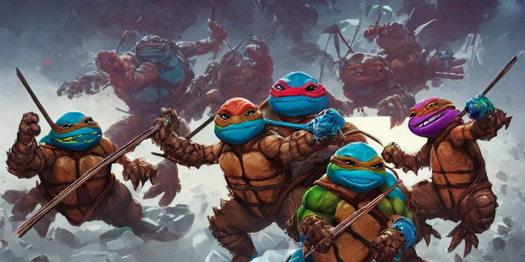 Image similar to ninja turtles are high and eating ice cream, Greg Rutkowski, Darek Zabrocki, Karlkka, Jayison Devadas, Phuoc Quan, trending on Artstation, 8K, ultra wide angle, pincushion lens effect.