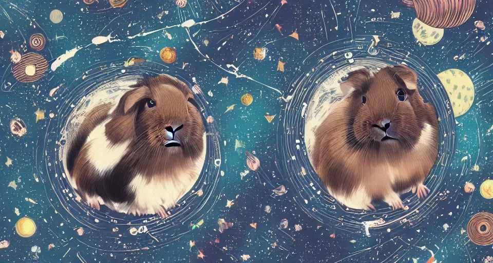 Image similar to guineapigs's portrait on the cover of vogue magazine flying in space suits, deep dark universe, twinkling and spiral nubela, warmhole, beautiful stars, 4 k, 8 k, by hokusai, samurai man vagabond, detailed, editorial illustration, matte print, concept art, ink style, sketch, digital 2 d