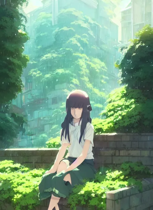 Image similar to in a rainy girl sitting on a stair where there is an arched self above, many green plant and flower gowing on it, illustration concept art anime key visual trending pixiv fanbox by wlop and greg rutkowski and makoto shinkai and studio ghibli