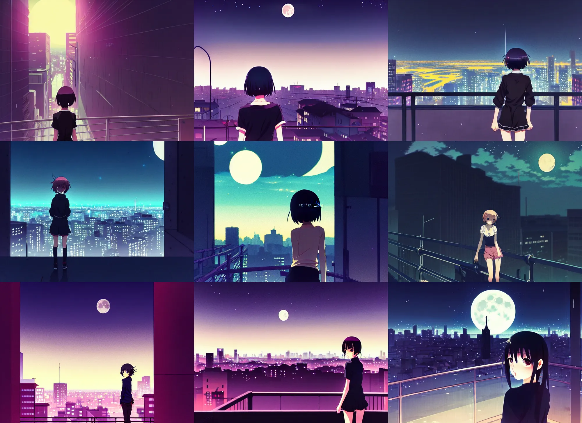 Prompt: anime visual, dark portrait from a distance of a cute girl sightseeing above the city at night, guardrails, moon, face by ilya kuvshinov, yoshinari yoh,, moody, dynamic perspective pose, detailed facial features, kyoani, rounded eyes, crisp and sharp, cel shade, lomography, makoto shinkai