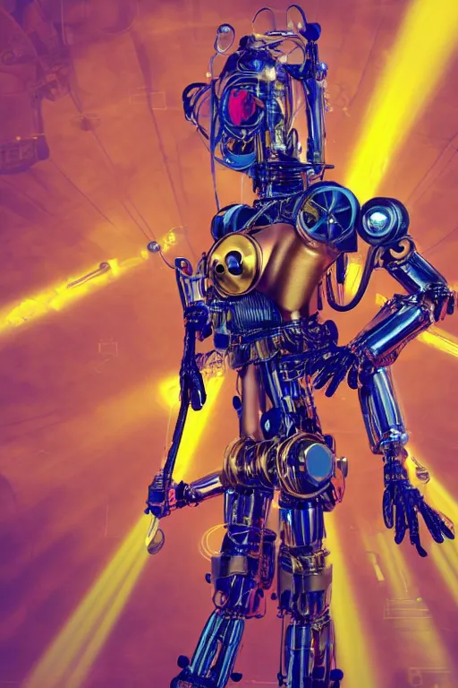 Image similar to portrait photo of a giant huge golden and blue metal female humanoid steampunk robot singer with headphones and gears and tubes, in the foreground is a big red glowing microphone on a tripod, eyes are glowing red lightbulbs, shiny crisp finish, 3 d render, 8 k, insaneley detailed, fluorescent colors, background is multicolored lasershow
