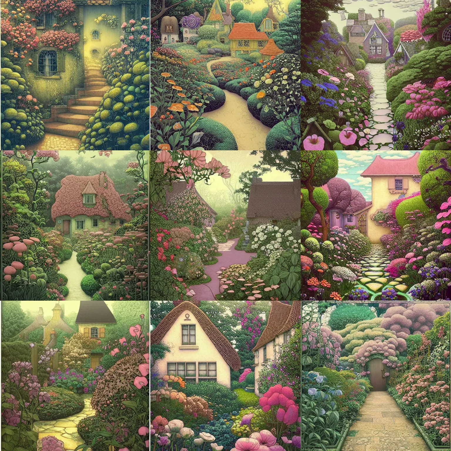 Prompt: a gorgeous, fantastic, cottage garden by escher, victo ngai, thomas kincade, trending on artstation, artgerm, acrylic on canvas,! muted colors!,!! low contrast!!