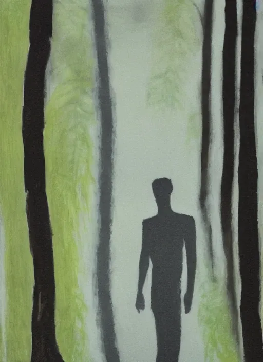 Prompt: a white silhouette of a man against a dark forest background, lots of plants, low light, oil painting