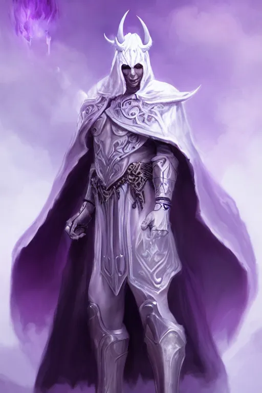 Prompt: human male demon, full body white purple cloak, purple cape, warlock, character concept art, costume design, black eyes, white horns, trending on artstation, Artgerm , WLOP