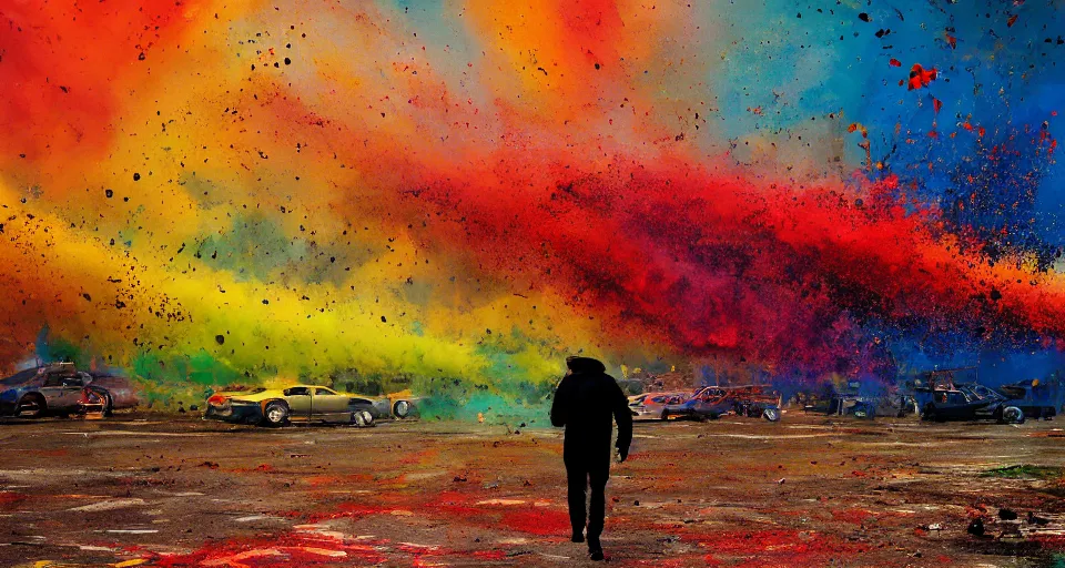 Prompt: a man walking away, tornado, splatter paint, panorama, warm color palette, backlight, by tony diterlizzi