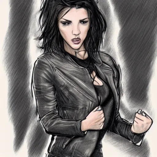 Prompt: Hot young woman with grey skin, tattoos, wearing a leather jacket, opening her armsa and asking for a hug concept art