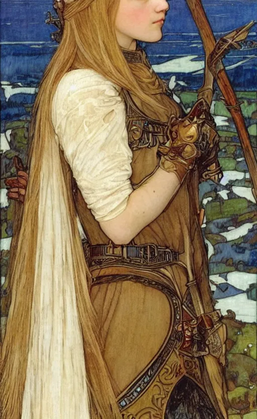 Image similar to young girl annasophia robb blond bowl haircut wearing medieval armour, waterhouse and mucha