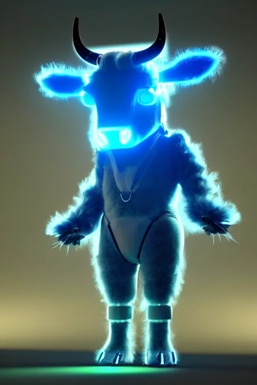 Image similar to high quality 3 d render sci - fi very cute cyborg cow fluffy! hybrid! drinking beer, highly detailed, unreal engine cinematic smooth, in the style of blade runner & detective pikachu, hannah yata charlie immer, dark blue neon light, low angle, uhd 8 k, sharp focus