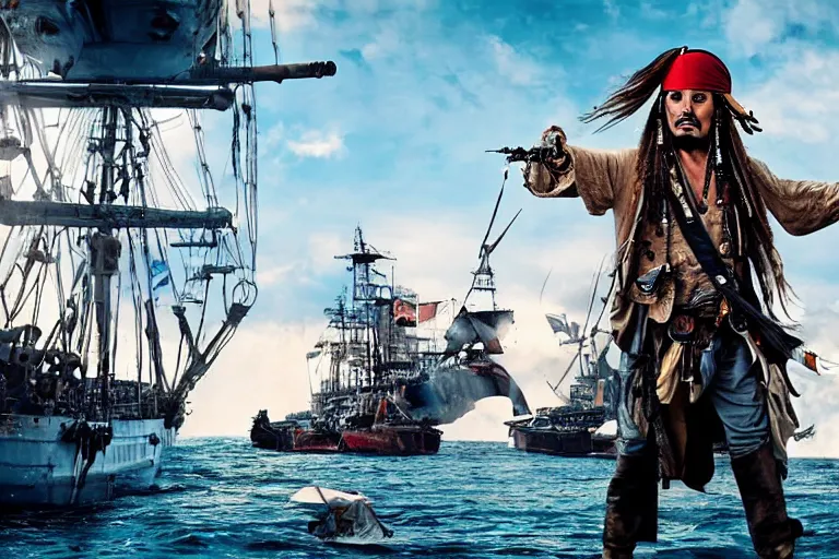 Image similar to jack sparrow playing a 2 neck guiter on a ship while the british fire cannons in the background, cinematic, dramatic, still, photograph, digital art, dynamic lighting, highly detailed, sharp focus