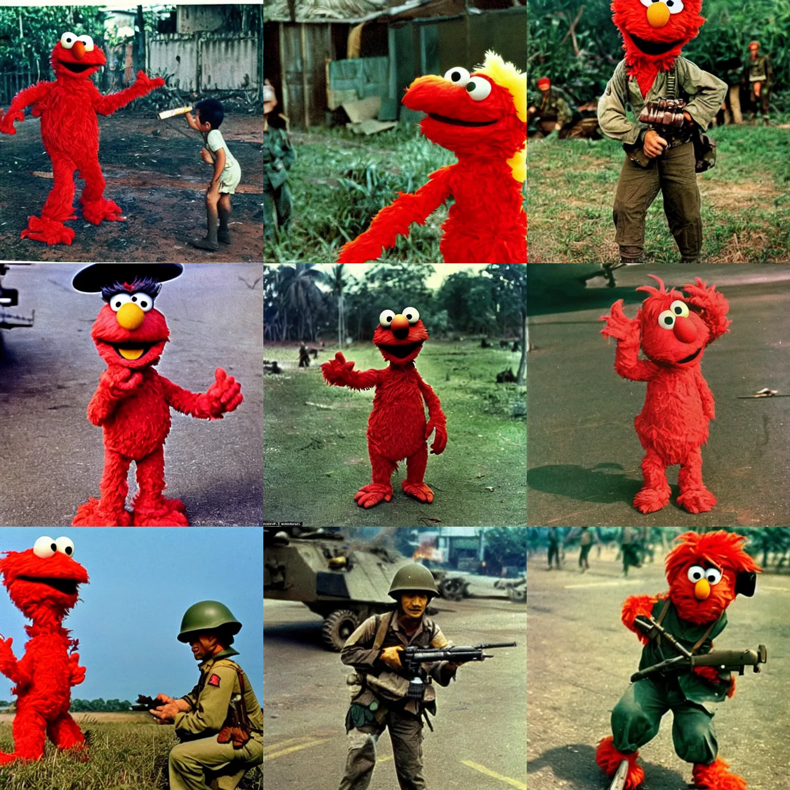 Prompt: Elmo from Sesame Street fighting in Vietnam War, 1960s color photograph