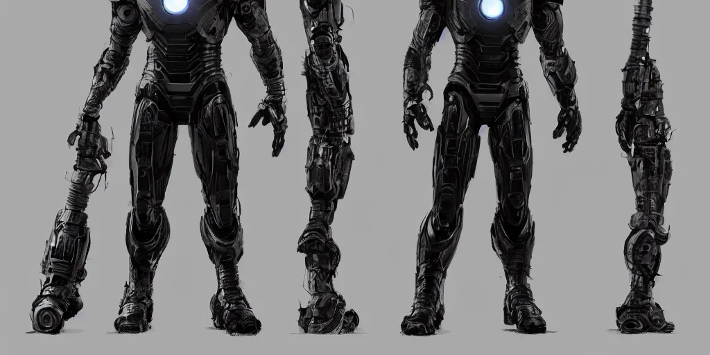 Image similar to noir iron man, character sheet, concept design, contrast, kim jung gi, greg rutkowski, zabrocki, karlkka, jayison devadas, trending on artstation, 8 k, ultra wide angle, pincushion lens effect