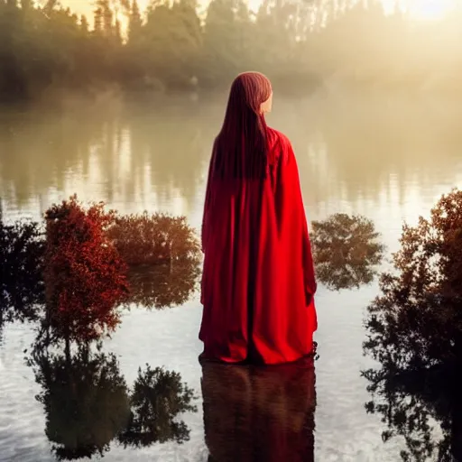 Image similar to beautiful lady with white long hair and dressed with a red victorian cloak, standing in a lake, mist, morning light, photorealistic