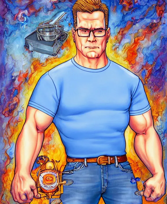 Prompt: normal hank hill wearing bluejeans and white tshirt, the god of propane, blue flames, propane tanks, magic realism, art by mike judge, art by josephine wall, art by huang guangjian, art by viktoria gavrilenko, art by amanda sage, trending on artstation