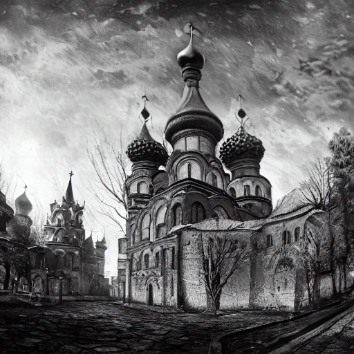 Prompt: photo beautiful magical ancient Slavic Russian city of Kitezh, black and white image, fisheye lens, painting by Viktor Vasnetsov, concept art, magical city, fantasy cityscape, ancient Slavs, wooden buildings, ancient Russian architecture, terem, hyperborea, top cinematic lighting , cinematic mood, very detailed, 8k, high resolution, trending on artstation, painting by Nicholas Roerich, artstationHD,