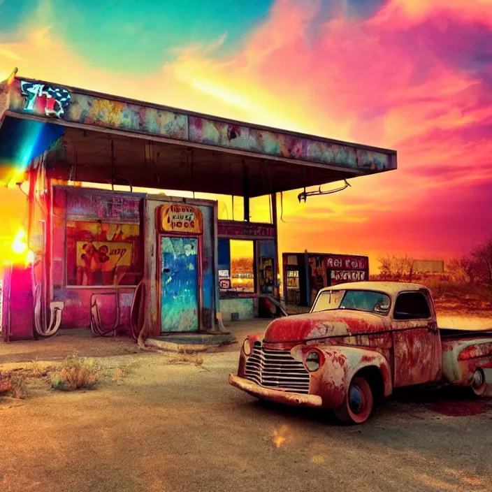 Image similar to a sunset light landscape with historical route 6 6, lots of sparkling details and sun ray ’ s, blinding backlight, smoke, volumetric lighting, colorful, octane, 3 5 mm, abandoned gas station, old rusty pickup - truck, beautiful epic colored reflections, very colorful heavenly, softlight