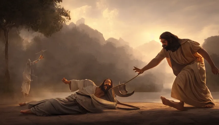 Prompt: a painting of jesus fighting a blind man, hyperrealistic, 8k, unreal engine, artstation, cgsociety