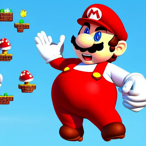 Prompt: Super Mario becomes morbidly obese after eating too many mushrooms, 4k, cartoon, realistic