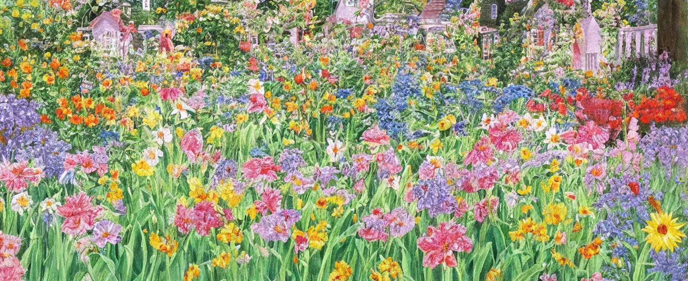 Prompt: painting by christiane kubrick of a whimsical spring garden filled with sunlight ultra detailed