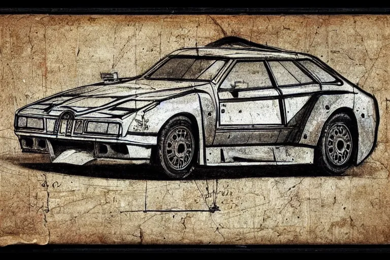 Prompt: ancient sketch on parchment by leonardo da vinci of a lancia 0 3 7