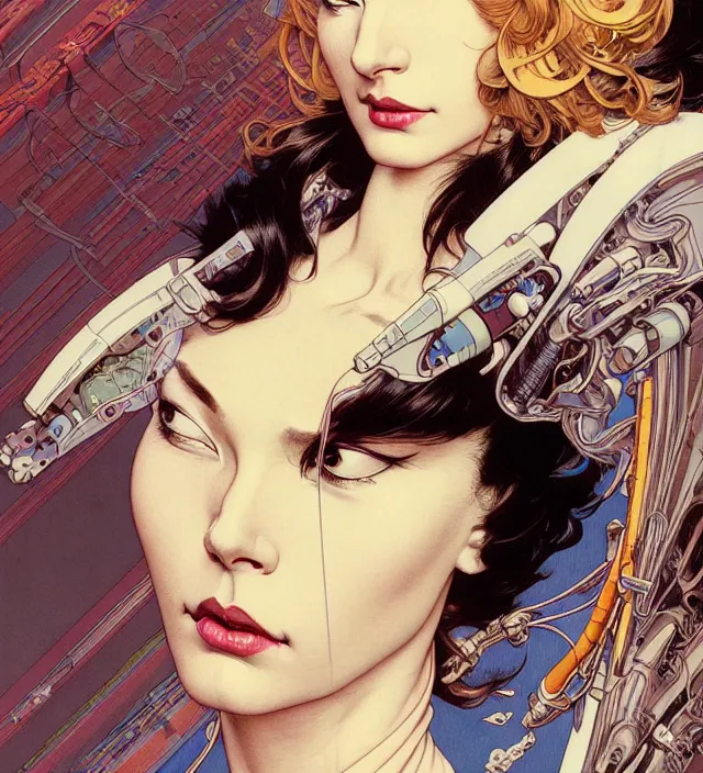 Prompt: face portrait of an elegant sexy pilot woman, cyborg aircraft parts, an ultrafine hyperdetailed colorfull illustration by kim jung gi, moebius, irakli nadar, alphonse mucha, ayami kojima, amano, greg hildebrandt, and mark brooks, female, feminine, art deco, new baroque, intricate linework, colors by frank frazetta