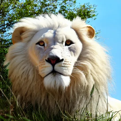 Image similar to ethernal giant white lion with angelic white mane and bright glowing mint eyes blending into white clouds in a heavenly blue sky