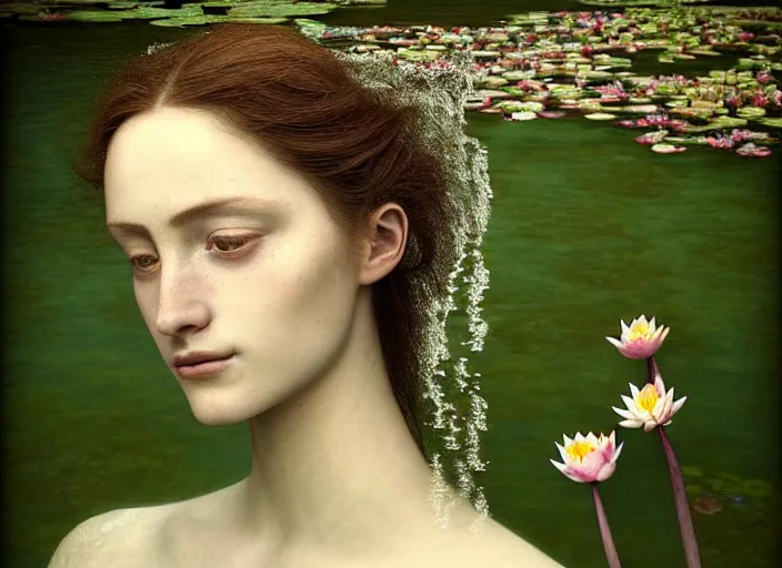 Image similar to portrait photo of a beautiful woman how pre-Raphaelites neauty type in style of Paolo Roversi, natural color skin, the face emerges from the water of a pond with water lilies, half face and hair are immersed in water, a beautiful lace dress and hair are intricate with highly detailed realistic beautiful flowers , Realistic, Refined, Highly Detailed, natural outdoor soft rose colors scheme, blur background, outdoor fine art photography, Hyper realistic, photo realistic 8K, soft light, volumetric lighting, highly detailed, britt marling style 3/4