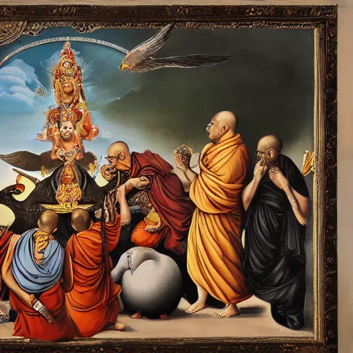 Image similar to hindu monks worshipping giant crow on greek senete baroque painting, lionardo davinchi