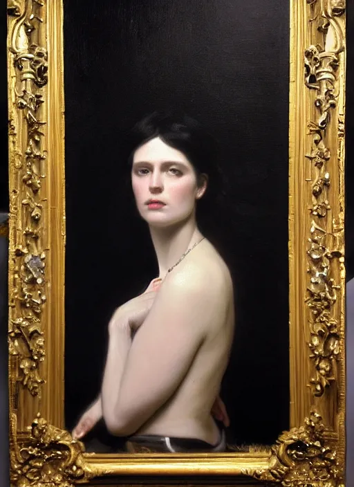 Prompt: highly detailed oil painting | very intricate | cinematic lighting | black, white and gold color scheme, dark background | a woman in black dress | by roberto ferri, by gustav moreau, by singer sargent and klimt, american romanticism, occult art | by austin osman spare, artstation, cgsociety, official art, octane