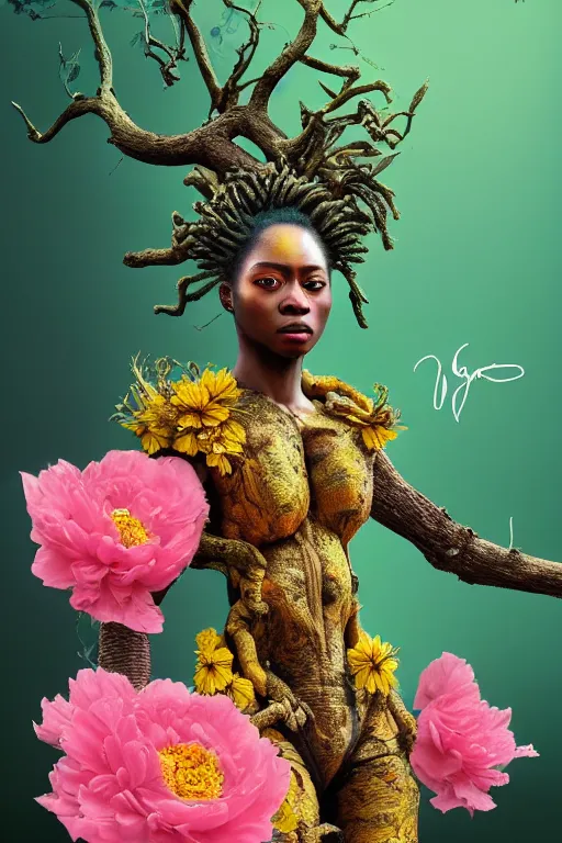 Image similar to hyperrealistic neo - rococo cinematic super expressive! yoruba goddess with exoskeleton armor, merging with tree in a forest, pink yellow flowers, highly detailed digital art masterpiece, smooth cam de leon eric zener dramatic pearlescent soft teal light, ground angle hd 8 k, sharp focus