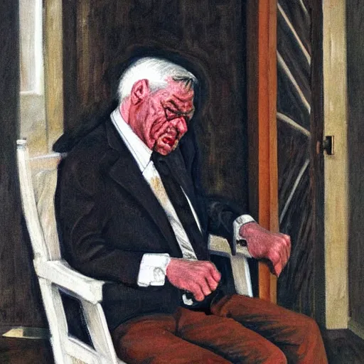 Image similar to angry old man in chair inside a dark house, painting by by ralph grady james, jean christian biville