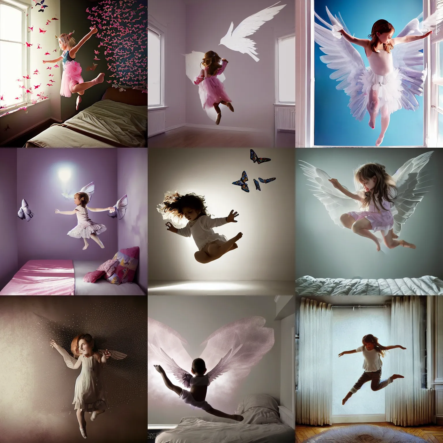 Prompt: winged little girl dancing over her bed, big window, doves and butterflies, music, magical, posters on the wall, girl's room, high detail, photograph jeremy geddes natural volumetric light