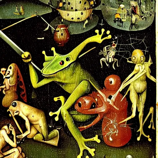 Prompt: a frog dunking over demons boiling a sinner in the garden of earthly delights, close up, hieronymus bosch