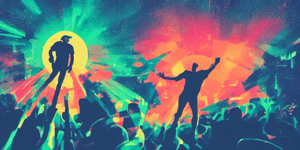 Image similar to rapping into microphone, silhouette, huge crowd, outrun, hip hop, digital art, Aurora borealis, trending on Artstation, professional artist, detailed, 4k