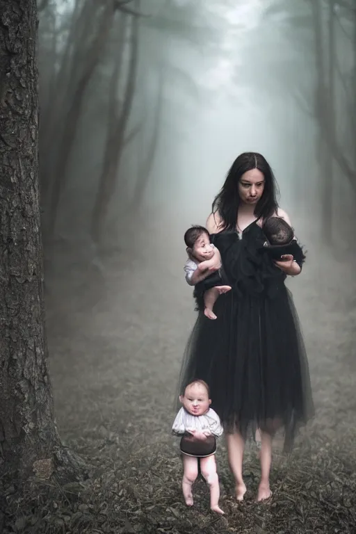 Image similar to a cinematic photo of a young woman with dark hair holds a baby in a dark, foggy forest, closeup, masterpiece