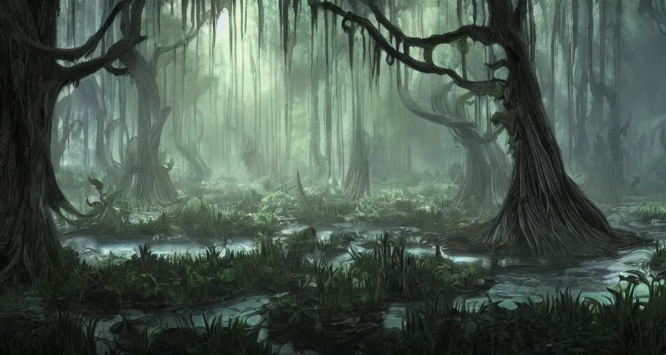 Prompt: A dense and dark enchanted forest with a swamp, by Pixar Concept Artists