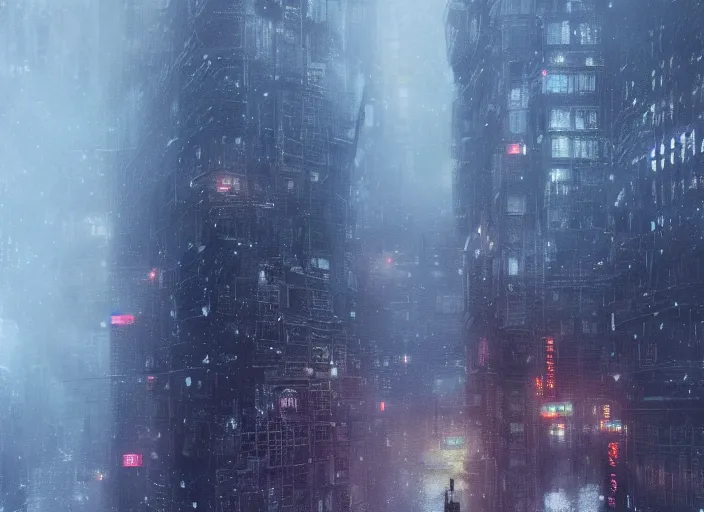 Image similar to man sitting on top of building ledge snowing snowy film photo night time serene city scape (((Wadim Kashin Wenjun Lin Bladerunner2049))) ((somber melancholic))